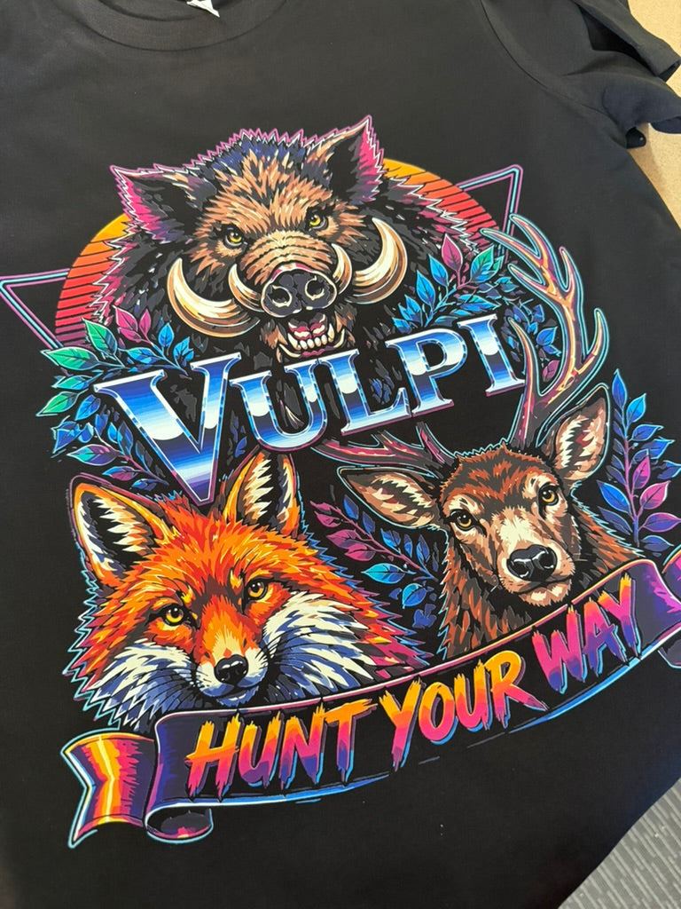 Colourful VULPI animal illustration and lettering printed on a black tee.