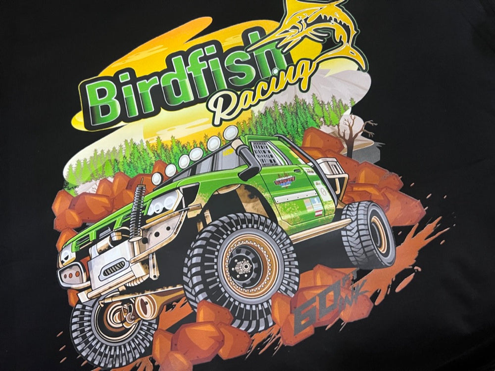 Birdfish Racing green 4x4 artwork printed on black fabric.
