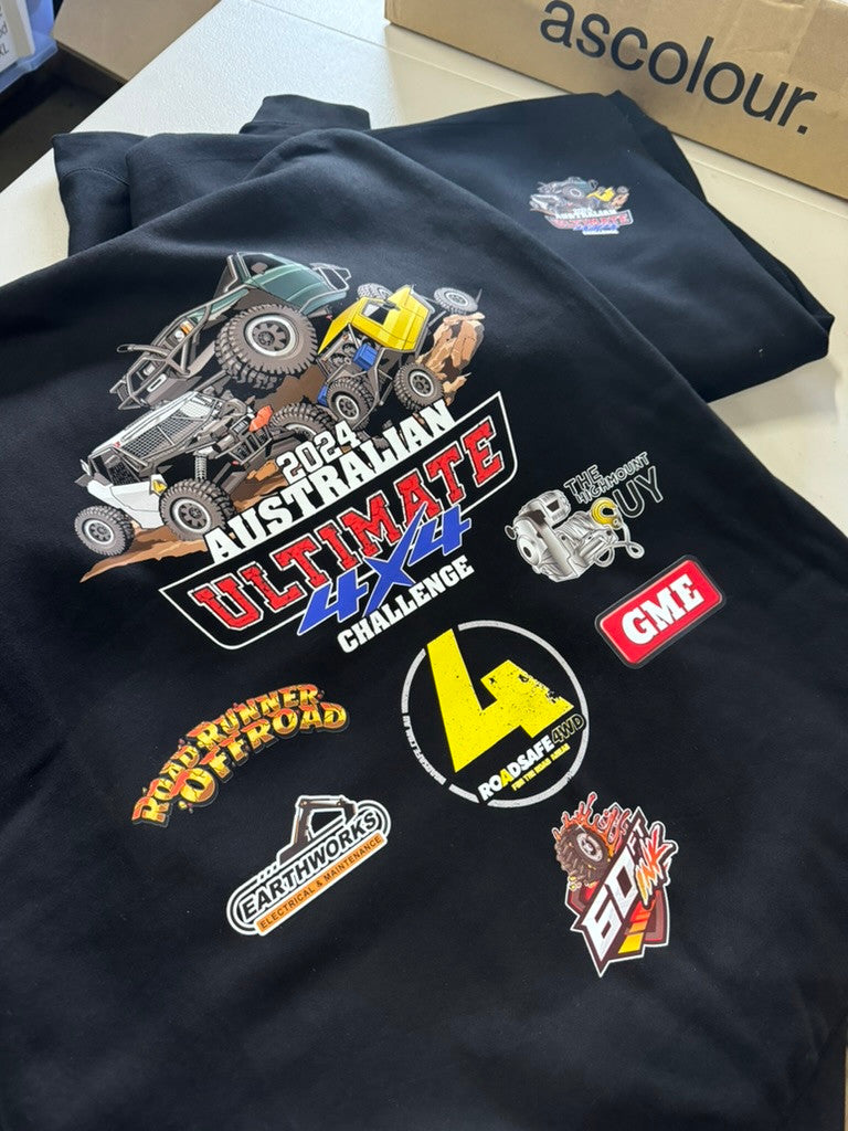Australian Ultimate 4x4 Challenge 2024 event and sponsor artwork printed on black garments.