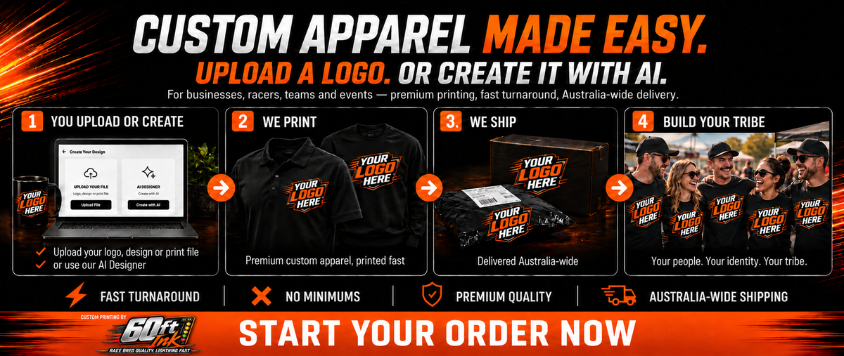 60ft Ink custom printing: you upload or create, we print, we ship, build your tribe. Customer logo examples on matching gear, with the official silver and orange 60ft Ink racing-lights logo.