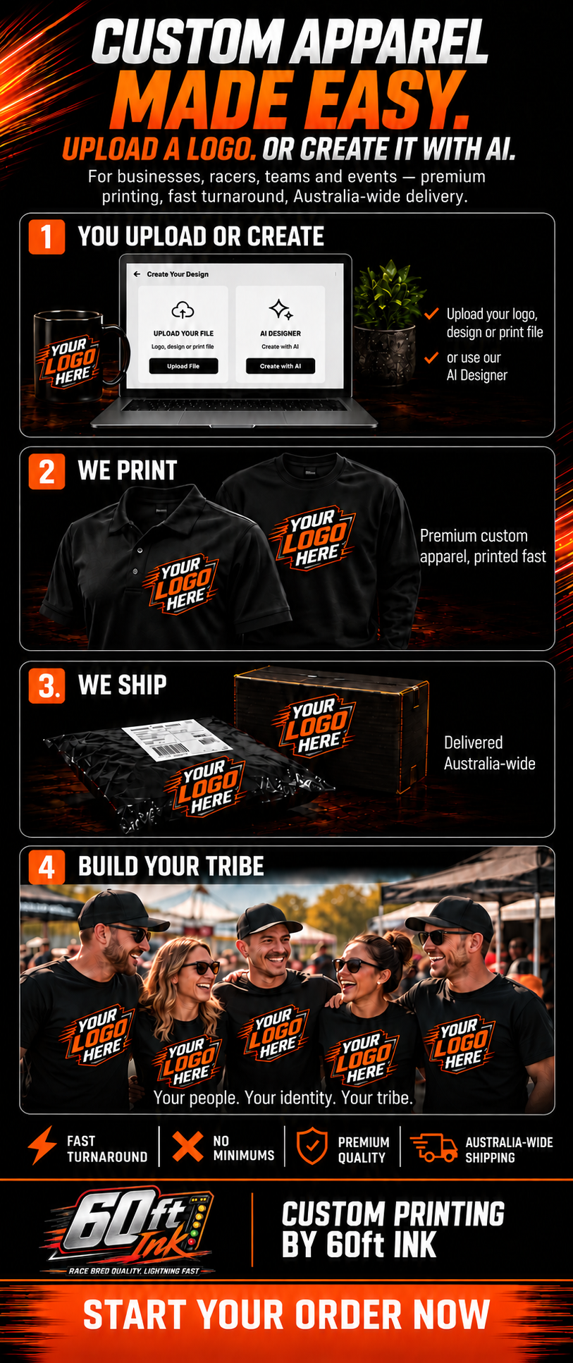 60ft Ink custom printing: you upload or create, we print, we ship, build your tribe. Customer logo examples on matching gear, with the official silver and orange 60ft Ink racing-lights logo.