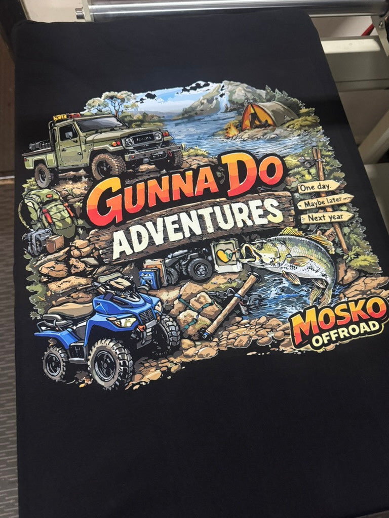 Gunna Do Adventures and Mosko Offroad print with a 4x4, quad bike and camping scene.