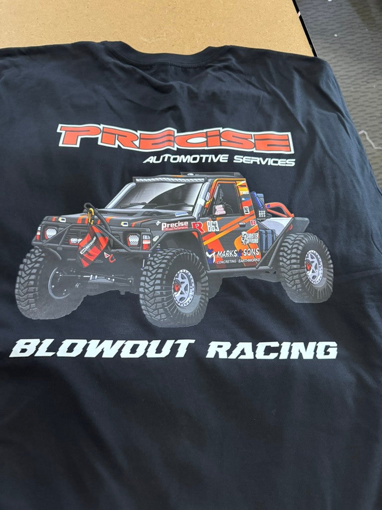 Real black tee printed with Precise Automotive Services and Blowout Racing 4x4 artwork.
